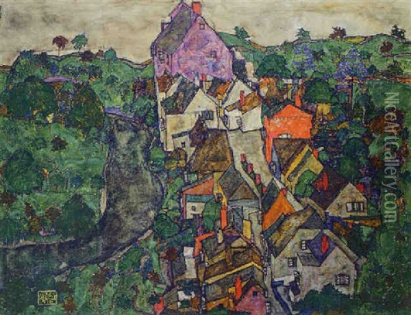 Krumauer Landschaft (stadt Und Fluss) Oil Painting - Egon Schiele