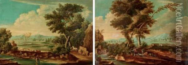 An Extensive Landscape With Herdsmen On The Banks Of A Stream Oil Painting - Giuseppe Zais