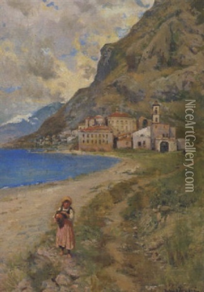 Italienerinde Ved En Bjergso Oil Painting - Holger Hvitfeldt Jerichau