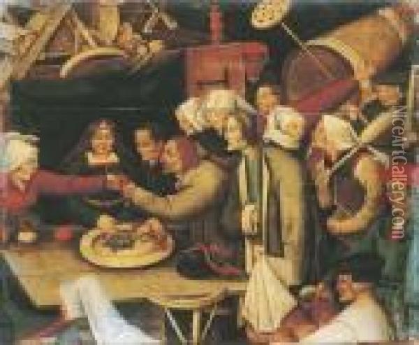 The Wedding Feast: A Fragment Oil Painting - Pieter The Younger Brueghel