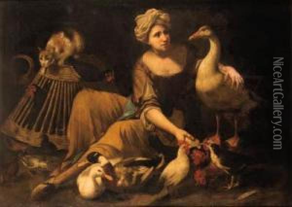 A Girl Feeding Cockerels, With A Cat On A Basket, A Goose, Duck Andother Birds Oil Painting - Tommaso Salini (Mao)