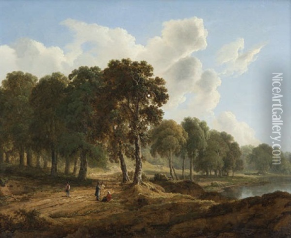 A Wooded Landscape With Figures With Figures On A Path, A Lake Behind Oil Painting - James Arthur O'Connor