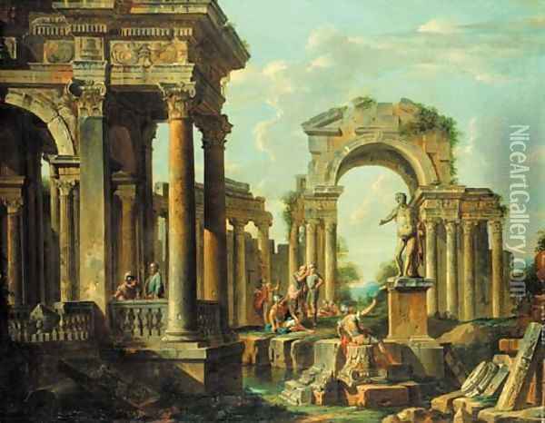 A capriccio of classical ruins with soldiers and other figures conversing Oil Painting - Giovanni Paolo Panini