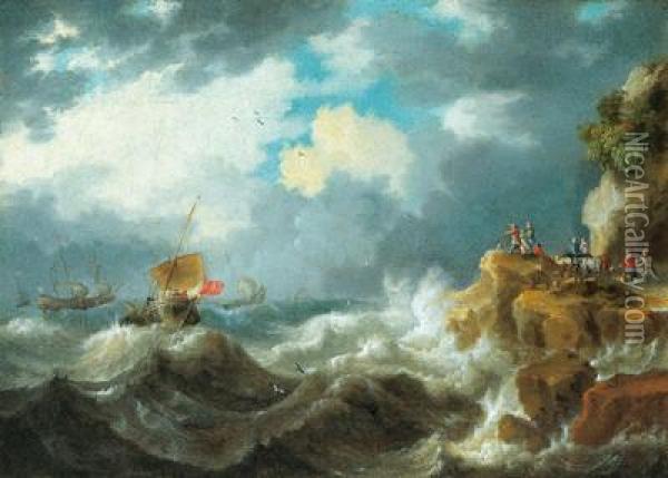 Navi Durante Una Tempesta Davanti A Una Costa Rocciosa Oil Painting - Jan Peeters