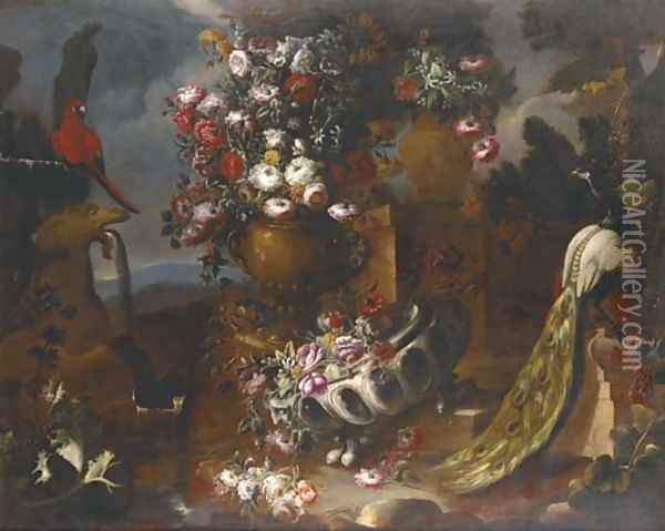 Roses, carnations, poppies, morning glory, asters and other flowers in two urns Oil Painting - Nicola Casissa