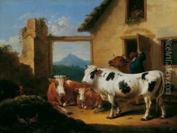 Lagerndes Vieh Vor Dem Stall. Oil Painting - Johann Dallinger Von Dalling