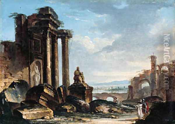 A capriccio of classical ruins with figures conversing in the foreground Oil Painting - Gustave Moreau