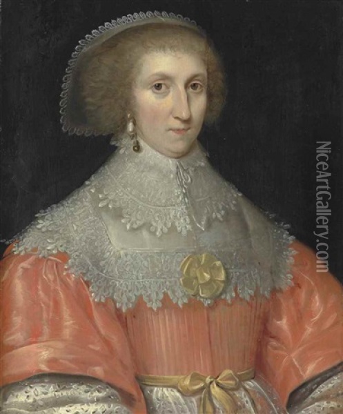 Portrait Of A Lady, Traditionally Identified As Lucy Russell, Countess Of Bedford, In A Pink Bodice With A Yellow Ribbon Sash Oil Painting - Cornelis Jonson Van Ceulen