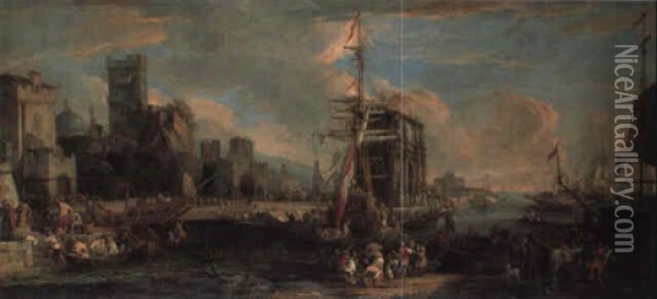 A Capriccio Of A Mediterranean Seaport And Castel Sant'angelo Beyond Oil Painting - Luca Carlevarijs