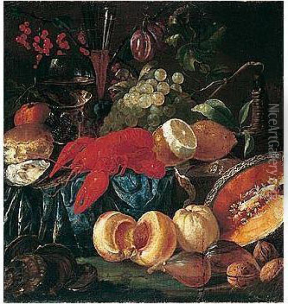 Still Life Of Lobster, Peaches, Melon, Grapes, Lemon, Nuts, Plums, Oysters And Bread, Together With A Wine Bottle, A Roemer And A Wine Glass, Upon A Partly Draped Ledge Oil Painting - Jacob Caproens