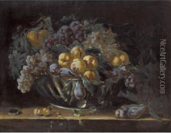 A Still Life Of Plums, Peaches And Grapes In A Silver Bowl Oil Painting - Michele Pace Del (Michelangelo di) Campidoglio
