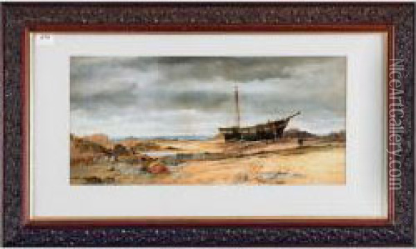 Coastal Scene, 
Beached Ship Oil Painting - George William Whitaker