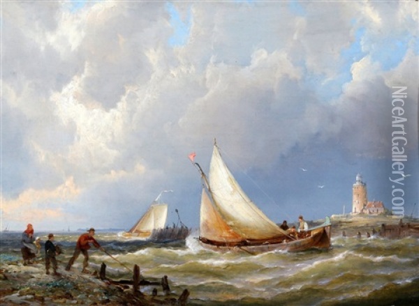Vissersboten Bij De Havenmond Oil Painting - Pieter Cornelis Dommershuijzen