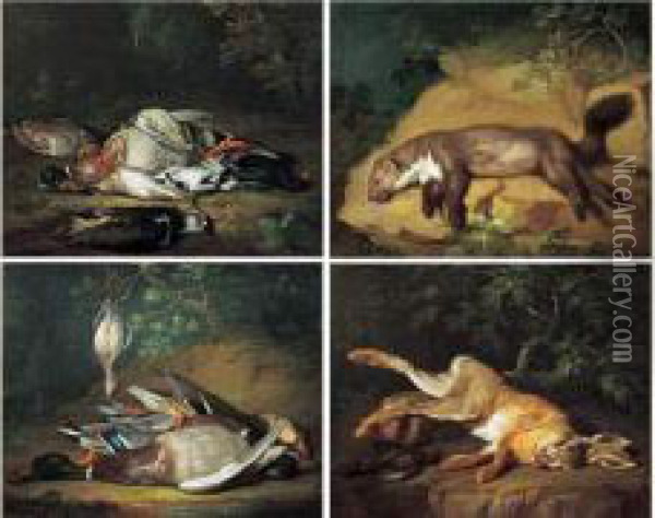 Natures Mortes Aux Lievre, Fouine, Canards Colvert, Vanneau, Grives, Merle Et Perdreau Oil Painting - Pieter Rysbrack