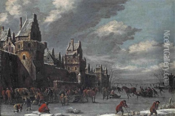 A Winter Landscape With Townsfolk Skating, Riding Sleighs And Conversing On A Frozen Moat Oil Painting - Thomas Heeremans
