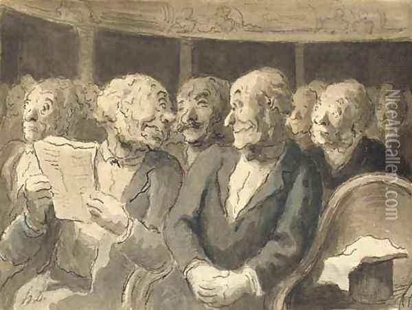 A man holding a theatre programme looking back at an eavesdropper in a theatre stall Oil Painting - Honore Daumier