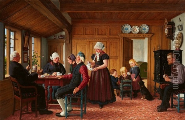 A Frisian Family Drinking Coffee Oil Painting - Carl Ludwig Jessen