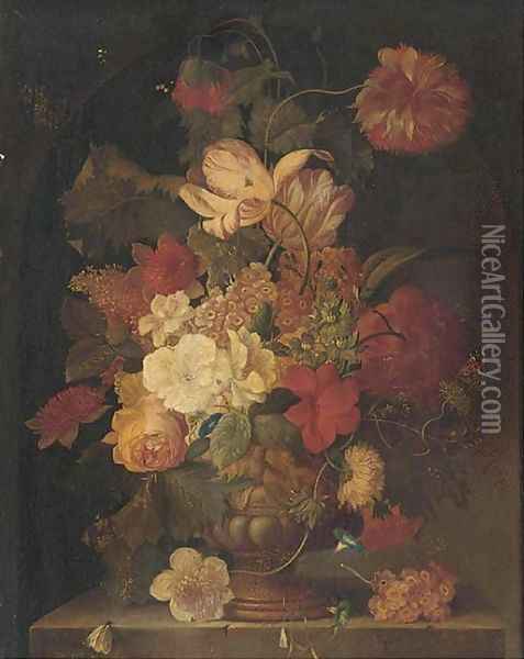 Flowers in vase on a stone ledge Oil Painting - Jan Van Huysum
