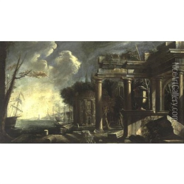 View Of A Harbor With Classical Ruins Oil Painting - Johann Anton Eismann