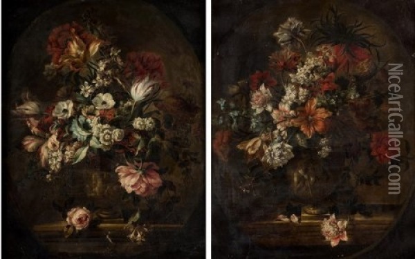Pareja De Naturalezas Muertas Con Vaso Y Flores Oil Painting - Jean-Baptiste Monnoyer