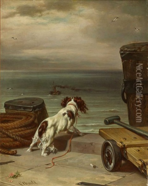 Ein Spaniel An Der Mole Blickt Sehnsuchtig Nach Einem Abfahrendem Schiff Oil Painting - Carl Johann Arnold