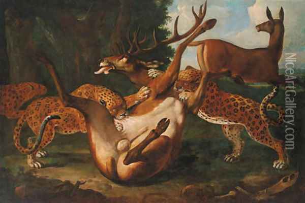 Leopards attacking deer in a landscape Oil Painting - Carl Borromaus Andreas Ruthart