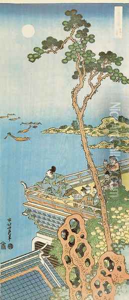 Abe No Nakamaro Gazing at the Moon from a Terrace Oil Painting - Katsushika Hokusai