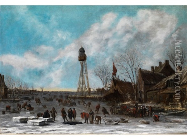 Winterliches Eisvergnugen Unter Einem Hohen Leuchtturm Auf Vereister Polderbucht Oil Painting - Thomas Heeremans
