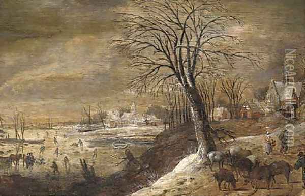 A winter landscape with herders and other figures, skaters on a frozen river beyond Oil Painting - Denys Van Alsloot