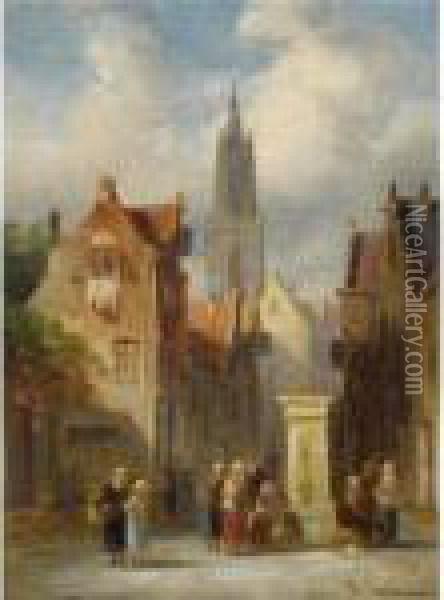 Figures In The Streets Of Utrecht Oil Painting - Charles Henri Leickert