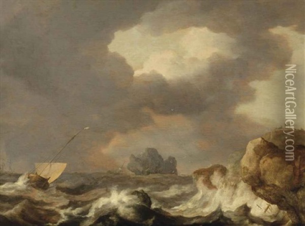 Shipping On Stormy Waters Near A Rocky Coast Oil Painting - Allaert van Everdingen
