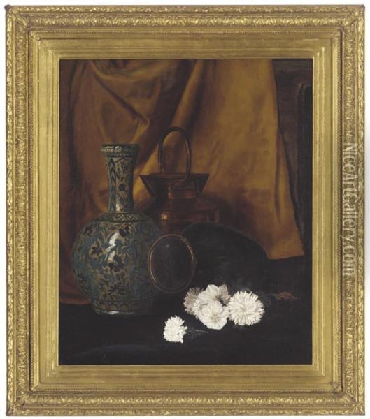 An Oriental Style Vase, A Copper Pail And Some Flowers Oil Painting - Charlotte E. Babb