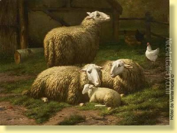 Moutons Et Poules Oil Painting - Eugene Remy Maes