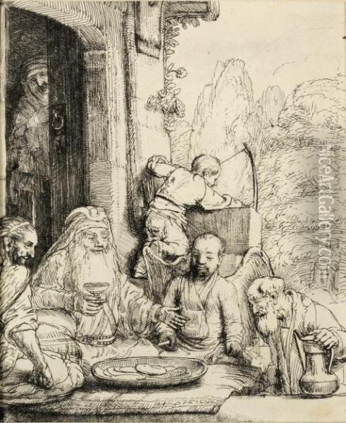 Abraham Entertaining The Angels (b., Holl. 29; H. 286) Oil Painting - Rembrandt Van Rijn