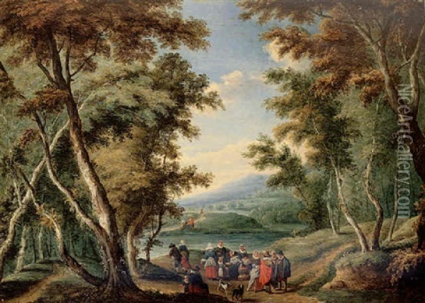 A Bosky Landscape With A Fruit Seller And Other Figures On A Track Oil Painting - Karel Beschey