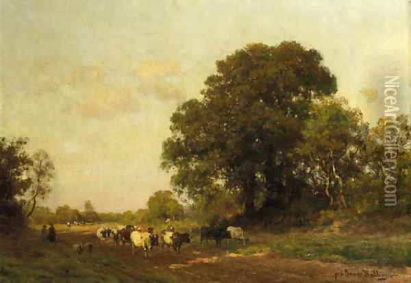 Cows on a sandy track in a wooded landscape Oil Painting - Julius Jacobus Van De Sande Bakhuyzen