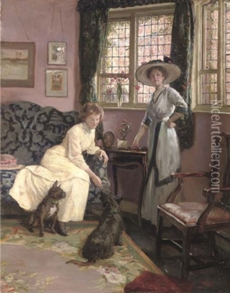 The Drawing Room At No. 26 Tite Street, Chelsea - A Portrait Of The Artist's Wife And Sister-in-law Oil Painting - George Percy R. E. Jacomb-Hood