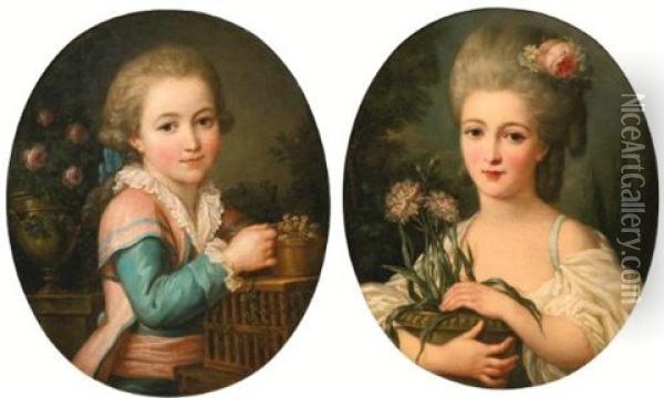 Portrait Of A Young Girl Holding A Flower Pot; Portrait Of A Young Boy Feeding Two Birds (2 Works) Oil Painting - Marie-Victoire Lemoine