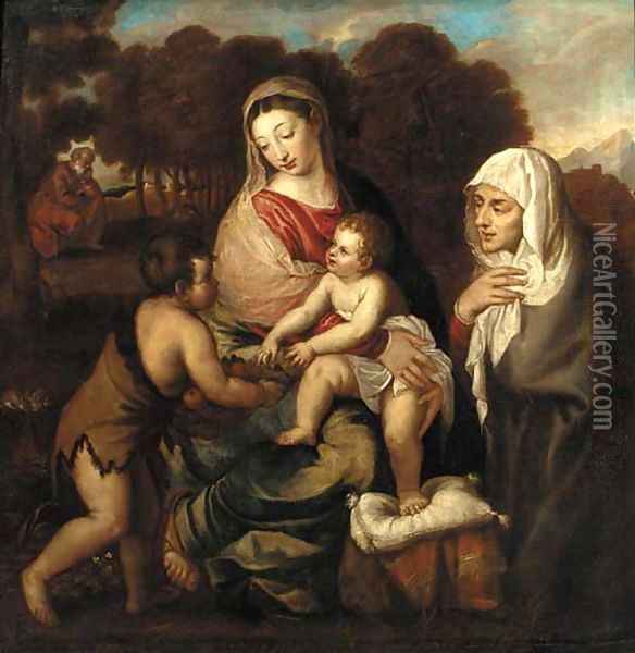 The Holy Family with Saint Elizabeth and the Infant Saint John the Baptist Oil Painting - Tiziano Vecellio (Titian)