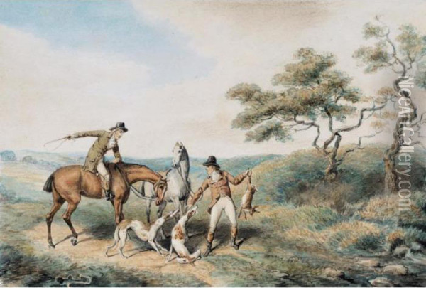 Huntsmen And Dogs Hare Coursing In A Rocky Landscape; Huntsmen And Dogs With A Hare Oil Painting - Samuel Howitt