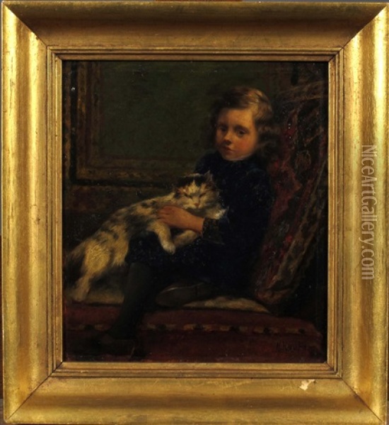 Portrait De Willy Houben (fils De L'artiste) Et Son Chat Oil Painting - Henri Houben