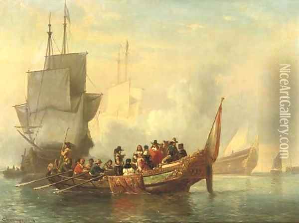 The salute a noble company surveying a fleet Oil Painting - Cornelis Springer