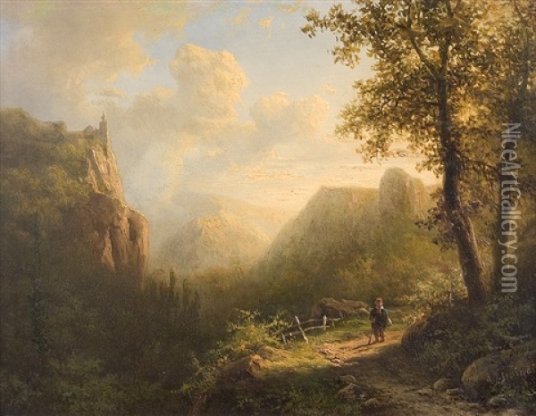 Walker In The Mountains Oil Painting - Alexander Joseph Daiwaille