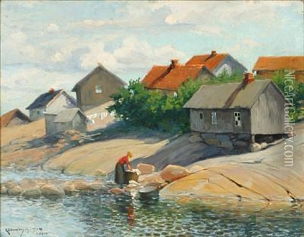 Coastal Scene With A Woman Washing Clothes Oil Painting - Karl Johannes Andreas Adam Dornberger