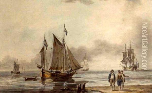 Dutch Shipping Offshore In A 
Calm, With A Passenger-carrying Hoy Heading Out From The Shore Oil Painting - William Anderson