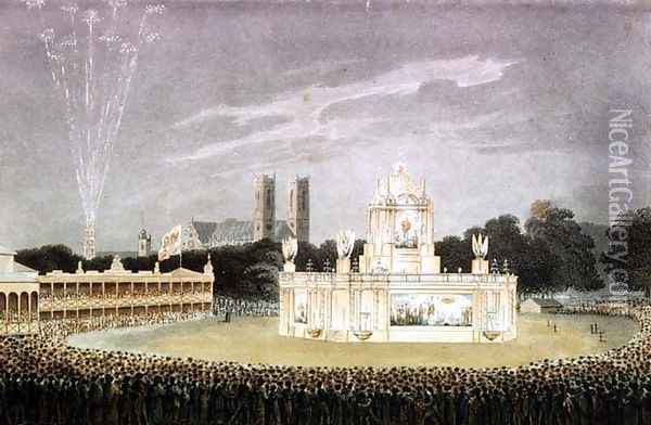 Firework display held in Green Park to celebrate the defeat of Napoleon, 1814 Oil Painting - John Heaviside Clark