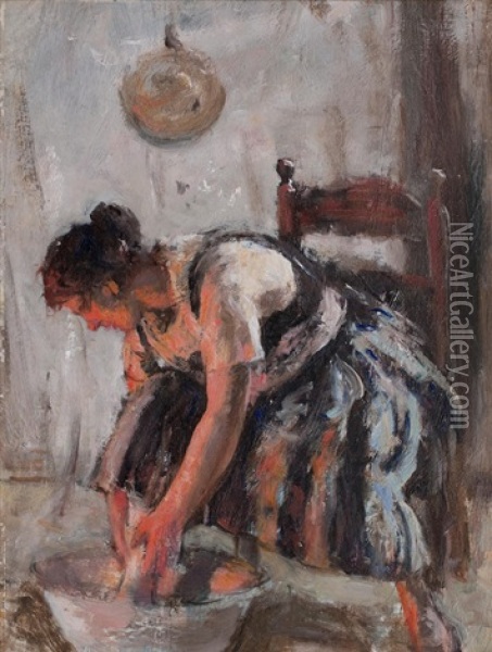 Woman Washing By The Fire Oil Painting - Robert Gemmell Hutchison