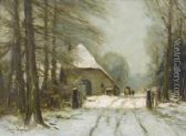 Winterliche Landschaft Mit Waldweg Und Gehoft. Oil Painting - Louis Apol