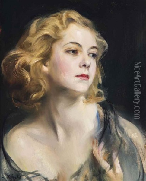 Portrait Of Helen Beatrice Myfanwy Hughes, Head And Shoulders, Three-quarter Profile To The Right, Wearing A Dark Blue Chiffon Stole Around Her Bare Shoulders, Her Left Hand Raised Oil Painting - Philip Alexius De Laszlo