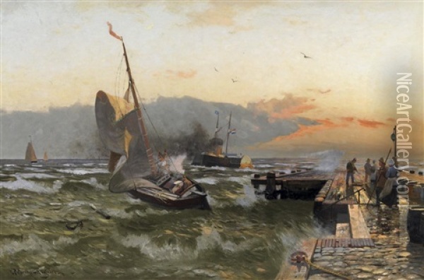 Sturmische Nordsee Mit Schiffen Vor Der Kaimauer Oil Painting - Heinrich Petersen-Angeln
